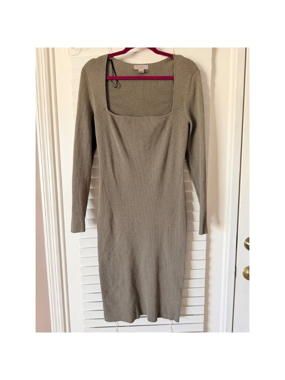 HM Ribbed Square Neck Bodycon Midi Dress Taupe Brown XL Long Sleeve